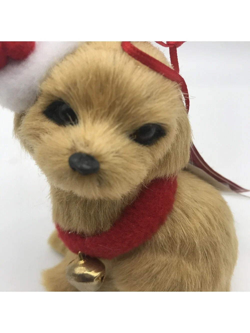 Santa Paws Furry Dog With Santa Hat Christmas Ornament  5” With Bell Collar